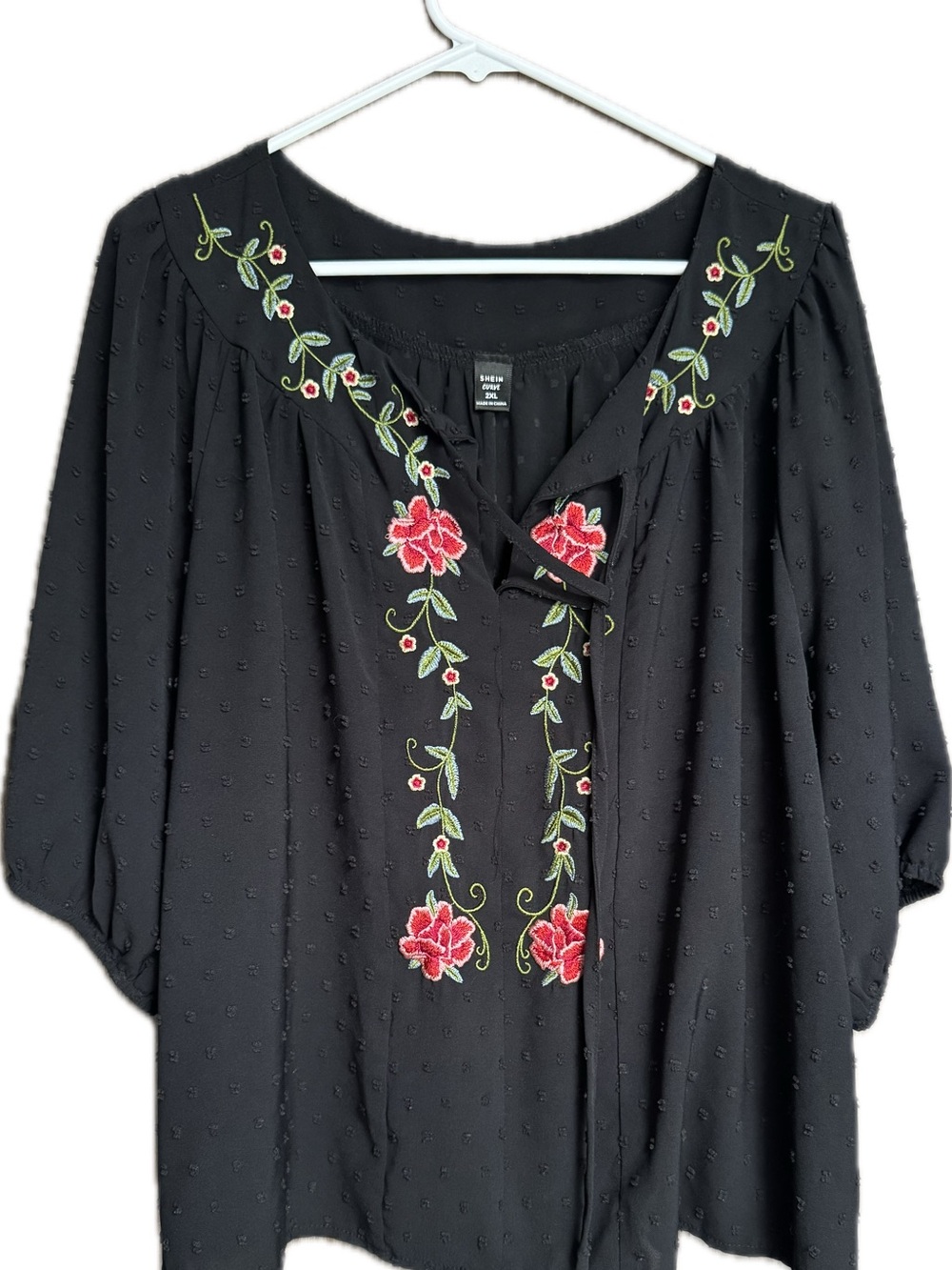 2  Black peasant Blouses  with  Floral Embroidery